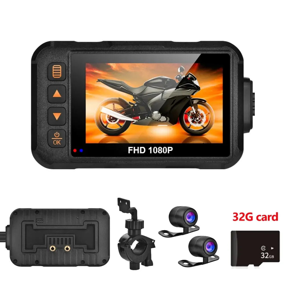 Dashcam para Moto 1080P | Cámara Frontal y Trasera Impermeable con Pantalla de 3''