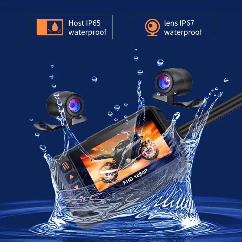 Dashcam para Moto 1080P | Cámara Frontal y Trasera Impermeable con Pantalla de 3''